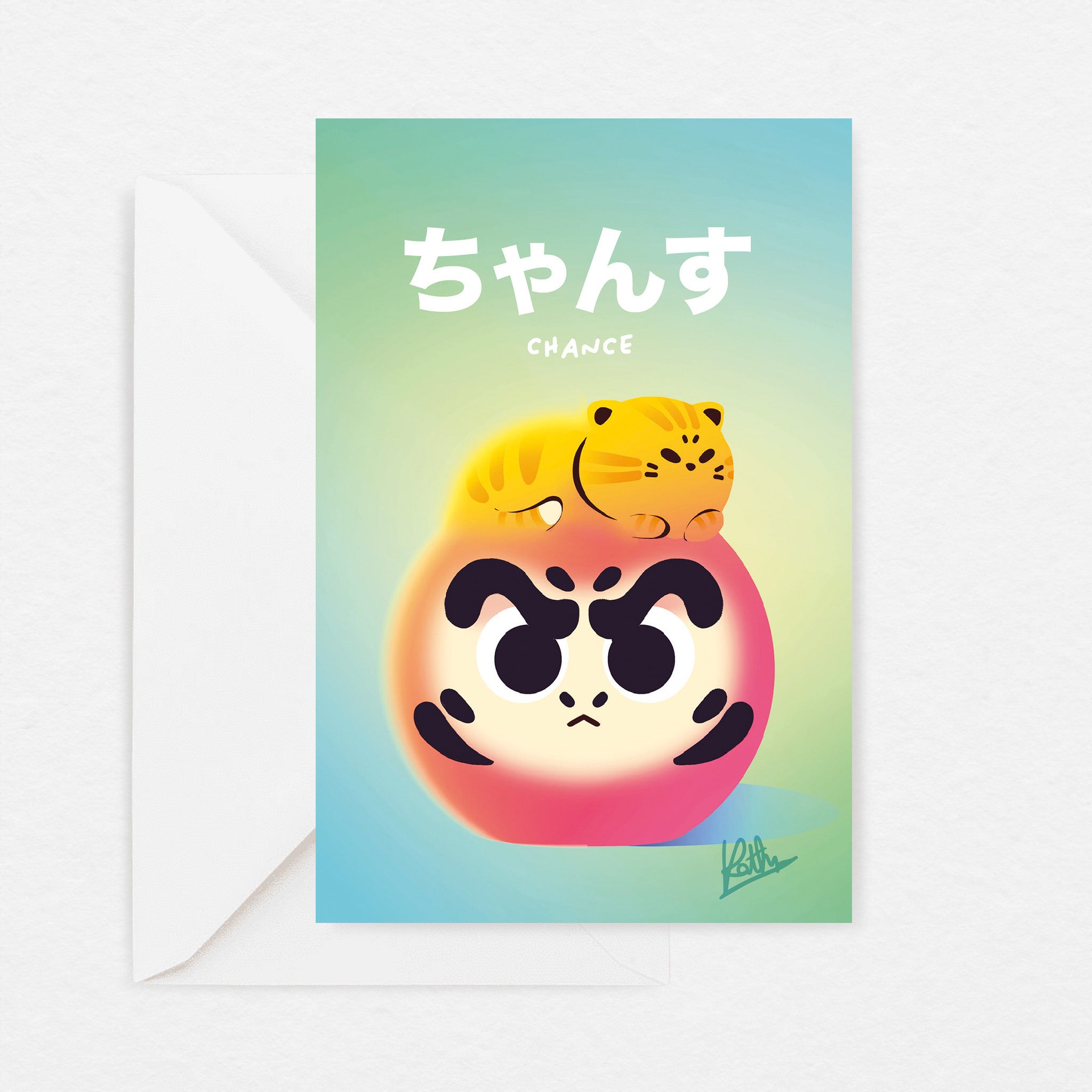 Carte de voeux Chance chat et daruma