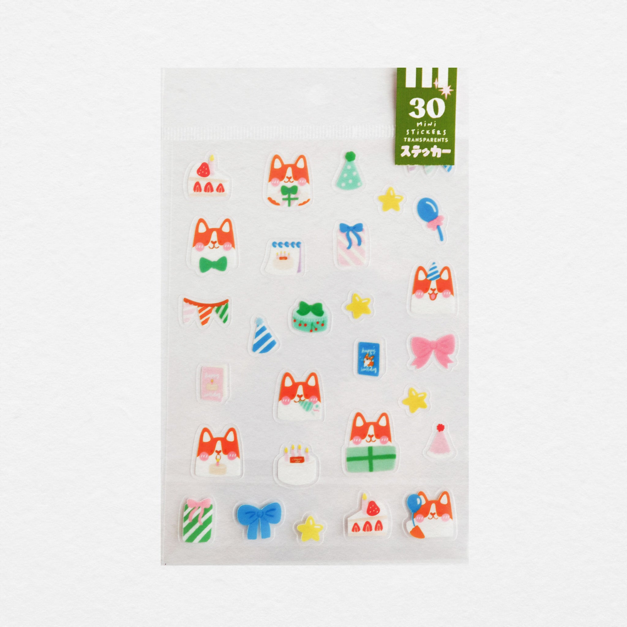 Planche de 30 mini stickers transparents Corgi anniversaire