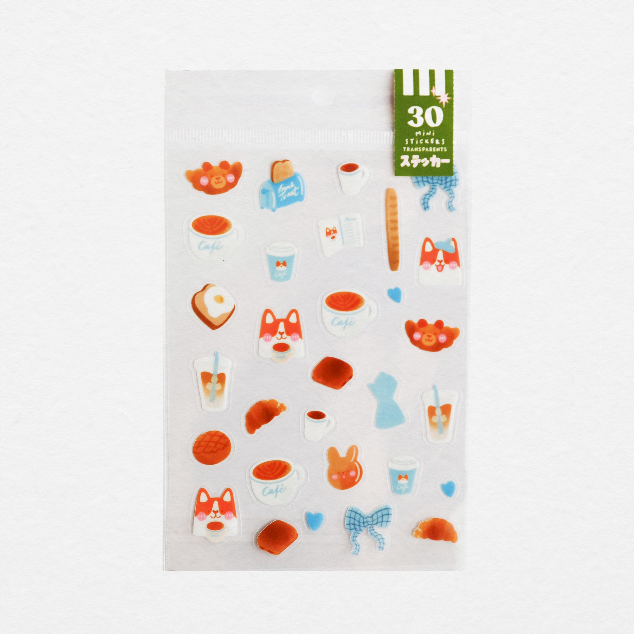 Planche de 30 mini stickers transparents Corgi café